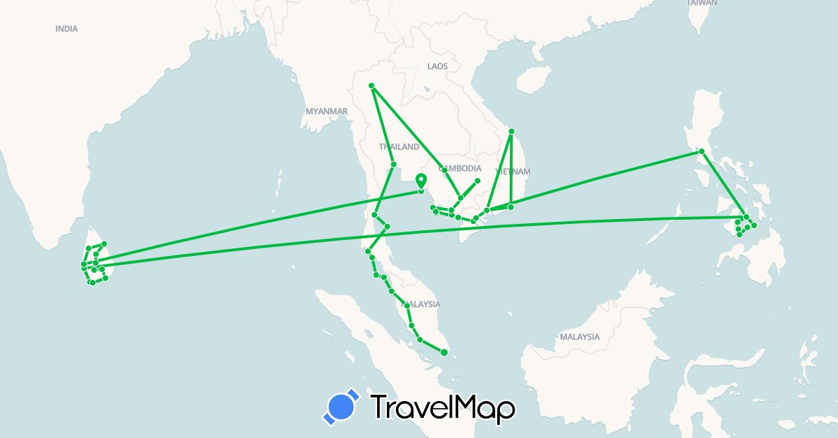 TravelMap itinerary: driving, bus in Cambodia, Sri Lanka, Malaysia, Philippines, Singapore, Thailand, Vietnam (Asia)
